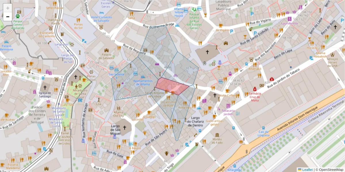 Mapa detalhado do código postal 1100-095 com limites, códigos postais vizinhos e agências dos correios