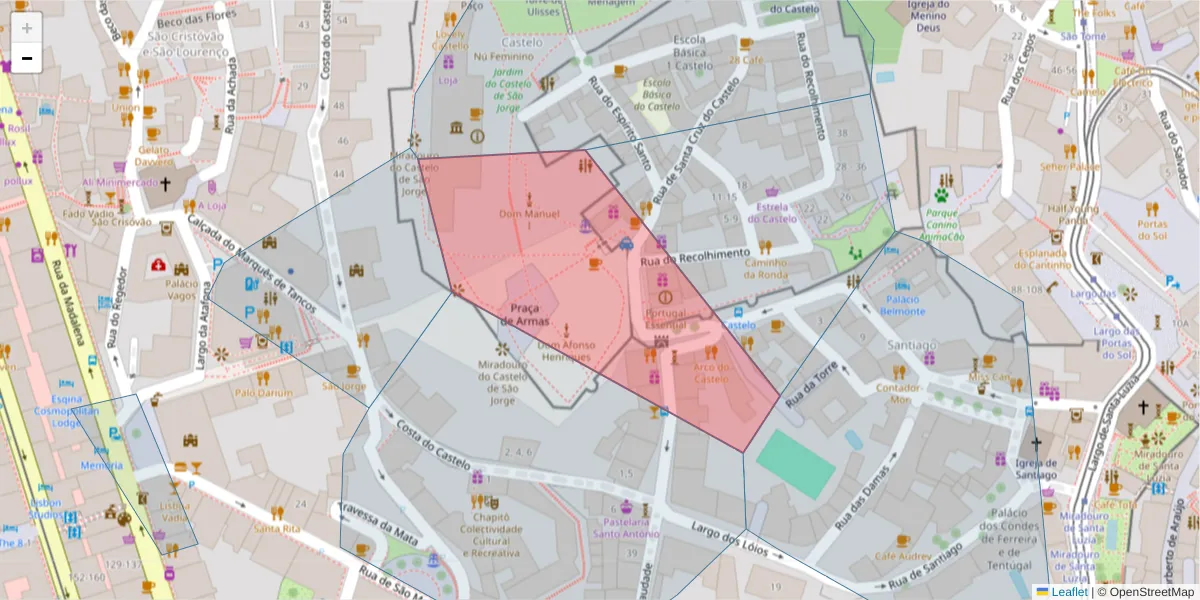 Mapa detalhado do código postal 1100-129 com limites, códigos postais vizinhos e agências dos correios
