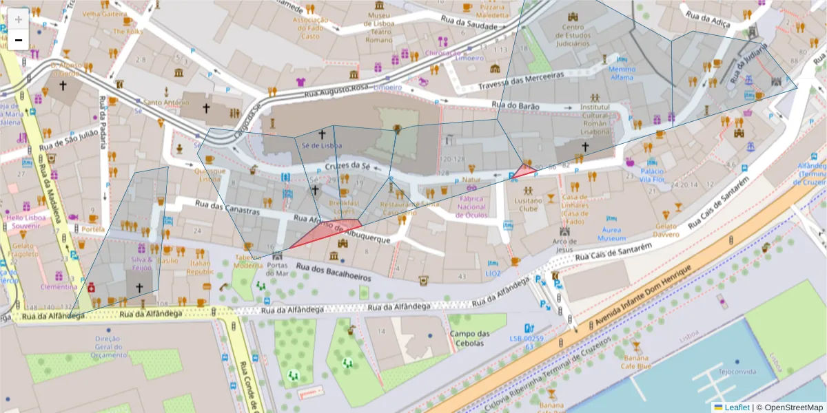 Mapa detalhado do código postal 1100-135 com limites, códigos postais vizinhos e agências dos correios