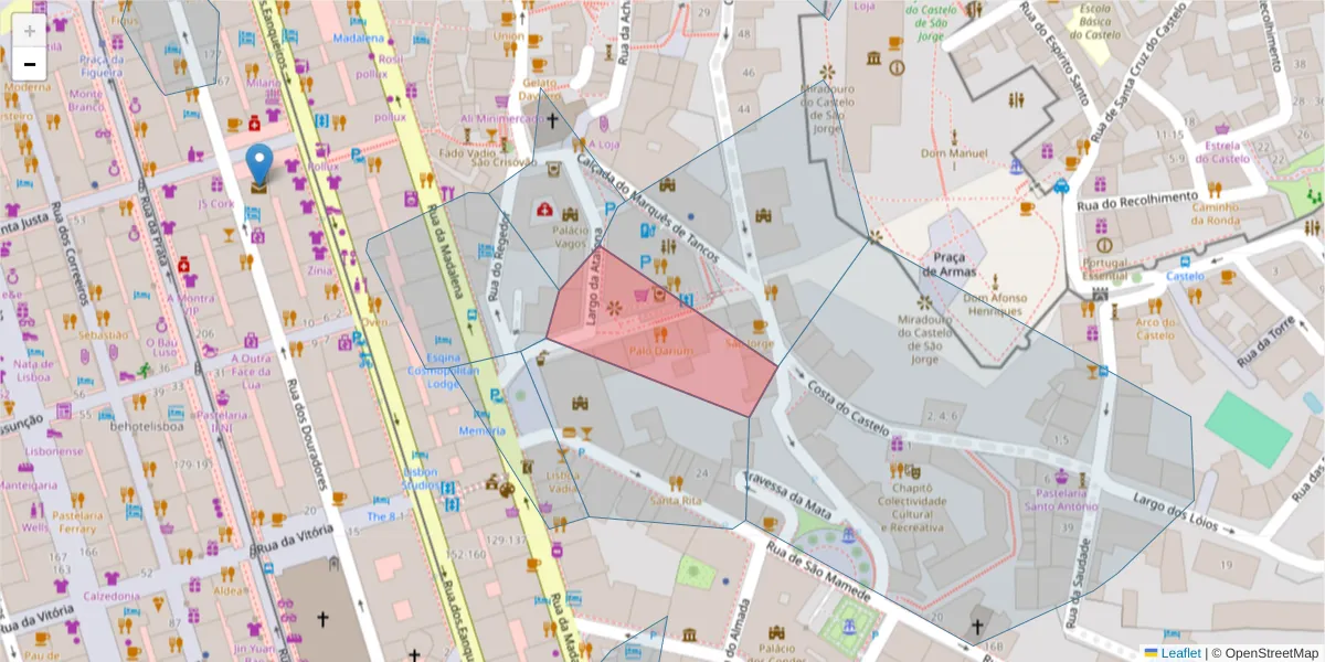 Mapa detalhado do código postal 1100-145 com limites, códigos postais vizinhos e agências dos correios
