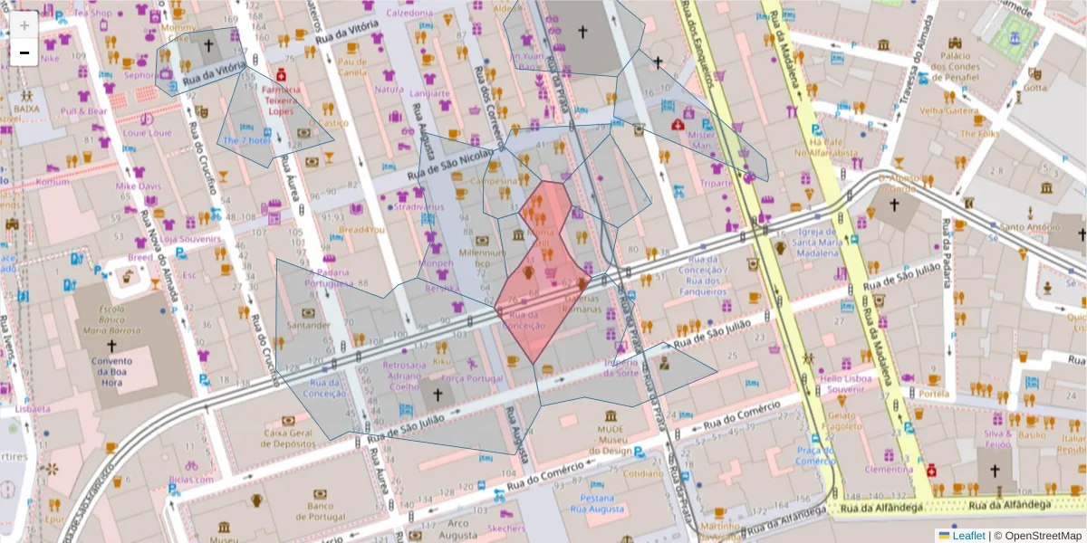 Mapa detalhado do código postal 1100-166 com limites, códigos postais vizinhos e agências dos correios