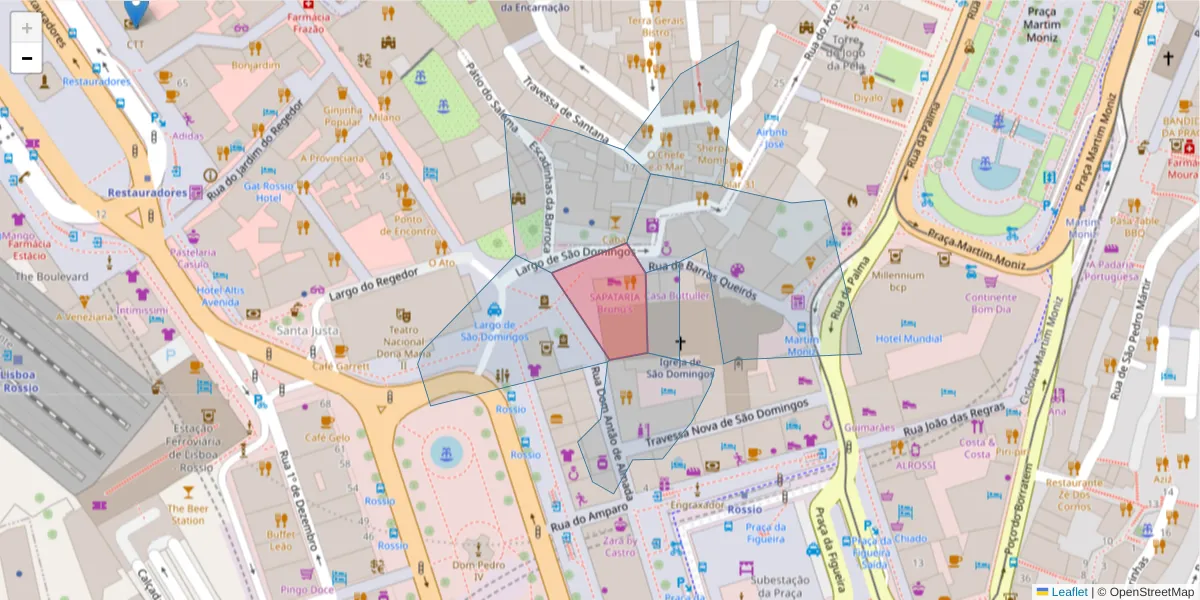 Mapa detalhado do código postal 1100-169 com limites, códigos postais vizinhos e agências dos correios