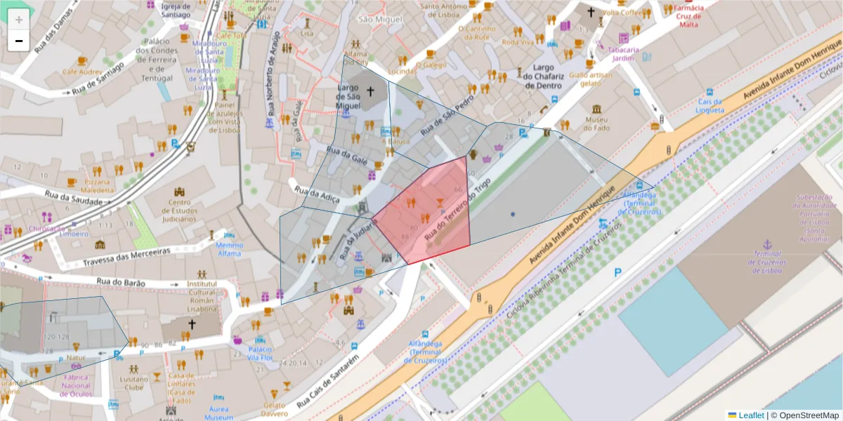 Mapa detalhado do código postal 1100-172 com limites, códigos postais vizinhos e agências dos correios