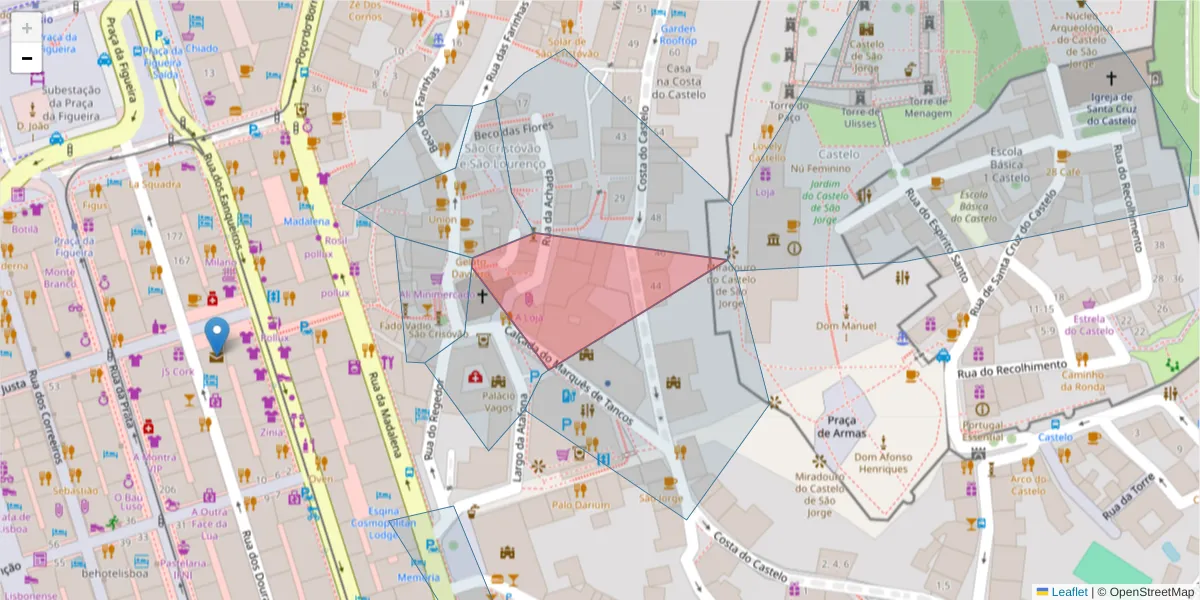 Mapa detalhado do código postal 1100-179 com limites, códigos postais vizinhos e agências dos correios