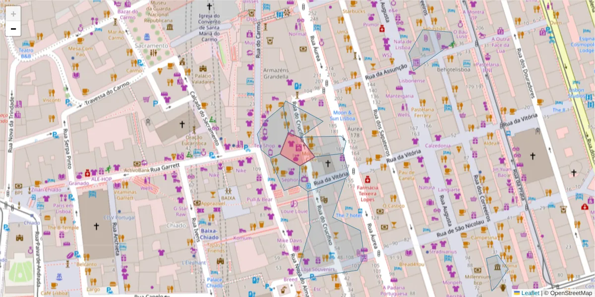 Mapa detalhado do código postal 1100-182 com limites, códigos postais vizinhos e agências dos correios