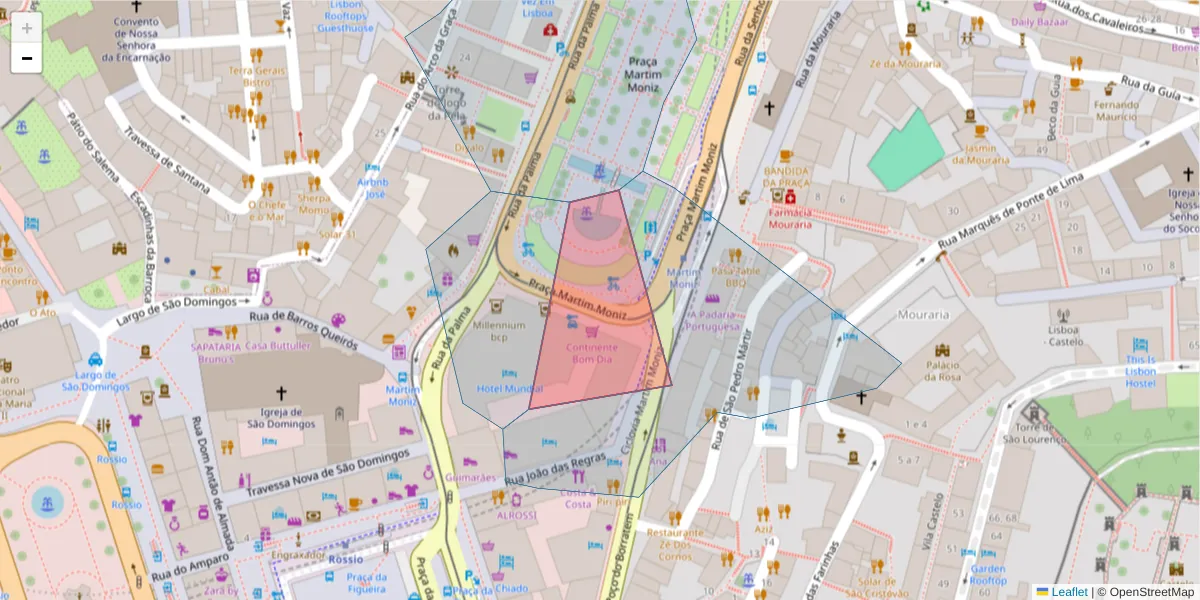 Mapa detalhado do código postal 1100-198 com limites, códigos postais vizinhos e agências dos correios