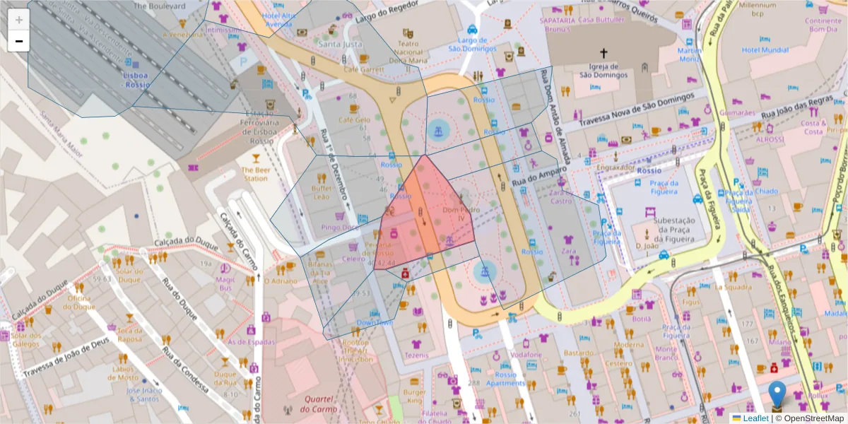 Mapa detalhado do código postal 1100-199 com limites, códigos postais vizinhos e agências dos correios
