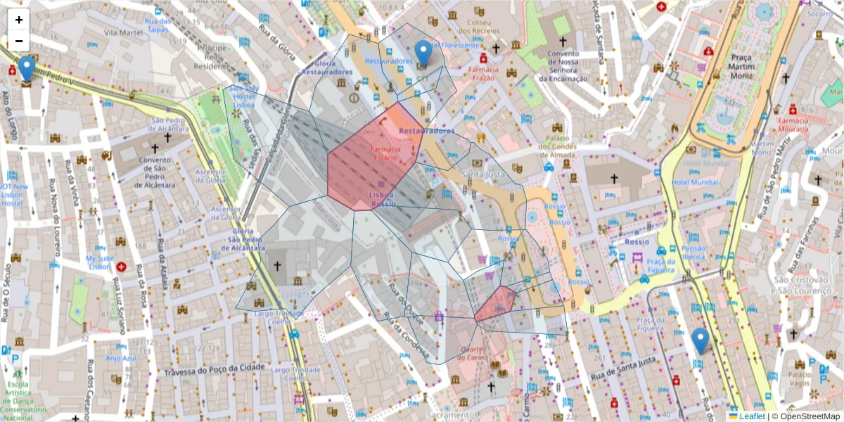 Mapa detalhado do código postal 1100-200 com limites, códigos postais vizinhos e agências dos correios
