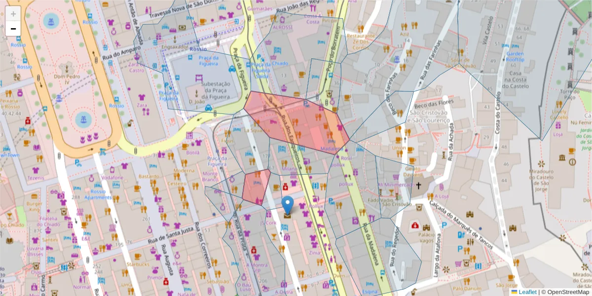 Mapa detalhado do código postal 1100-205 com limites, códigos postais vizinhos e agências dos correios