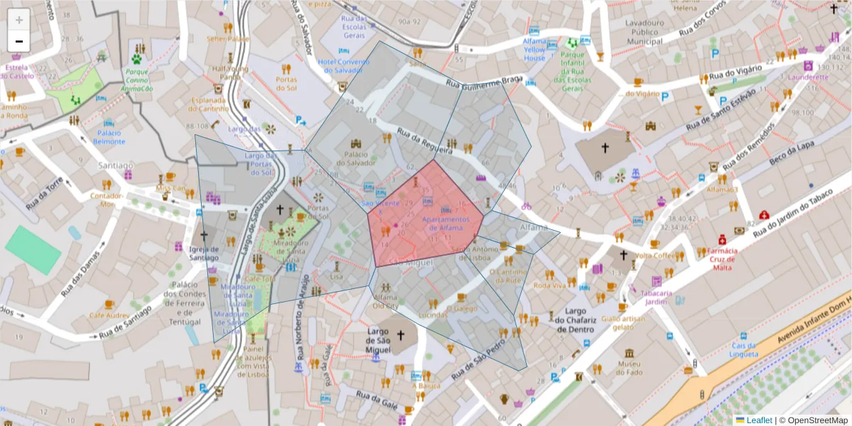 Mapa detalhado do código postal 1100-218 com limites, códigos postais vizinhos e agências dos correios