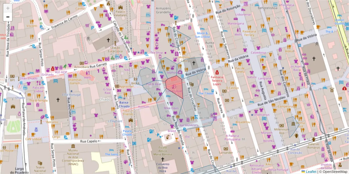 Mapa detalhado do código postal 1100-225 com limites, códigos postais vizinhos e agências dos correios