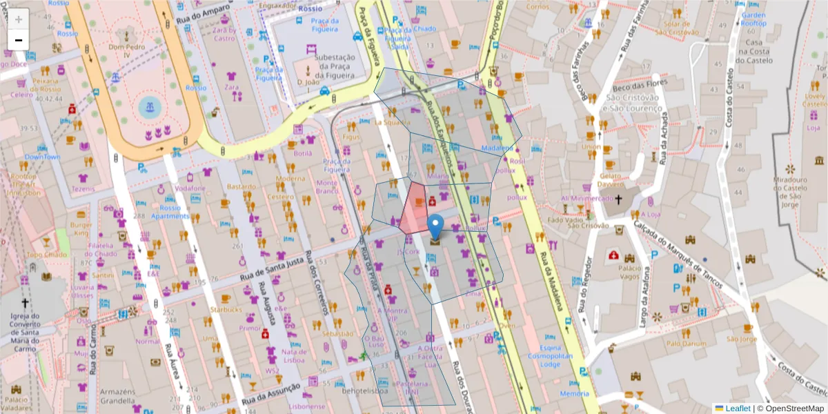 Mapa detalhado do código postal 1100-230 com limites, códigos postais vizinhos e agências dos correios
