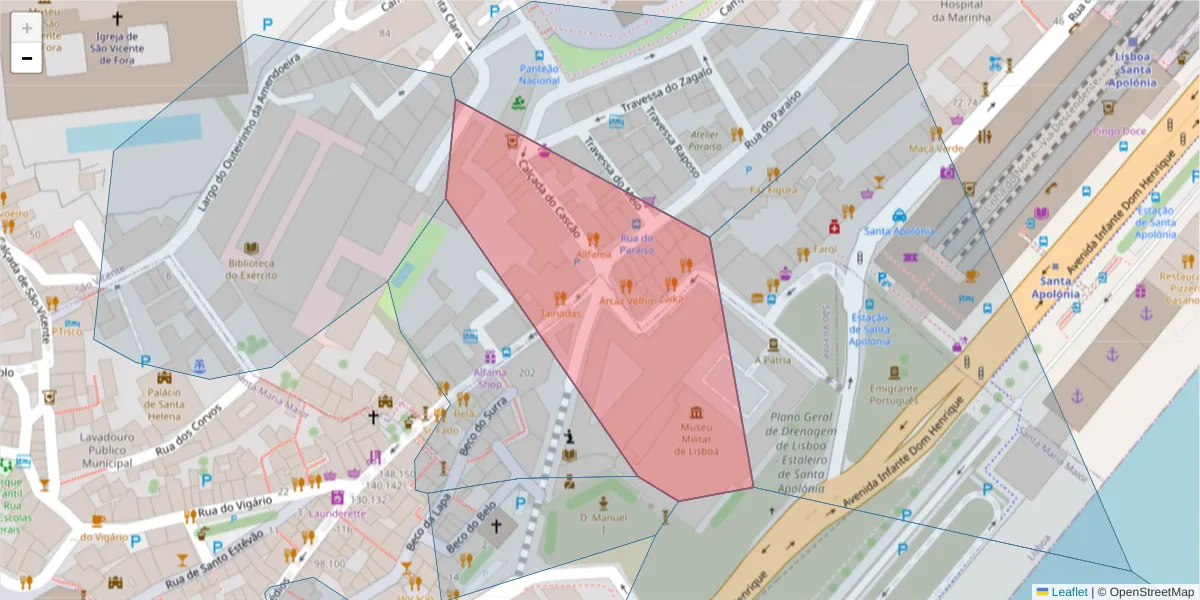 Mapa detalhado do código postal 1100-256 com limites, códigos postais vizinhos e agências dos correios