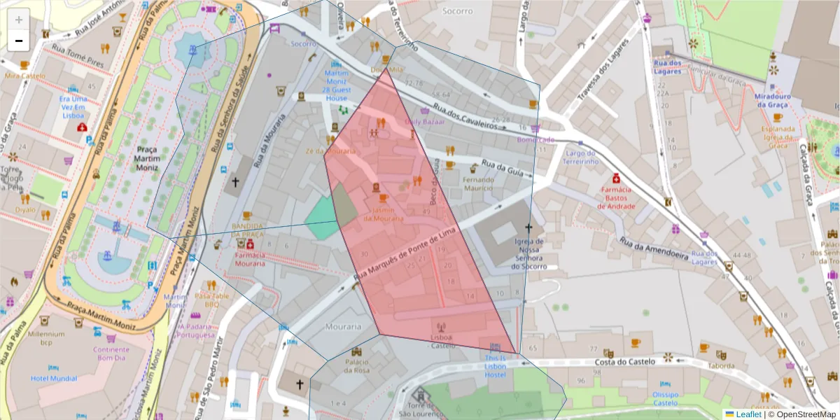 Mapa detalhado do código postal 1100-289 com limites, códigos postais vizinhos e agências dos correios