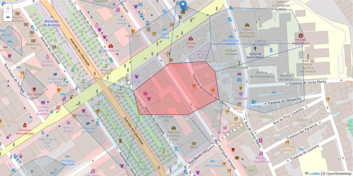 Mapa detalhado do código postal 1100-297 com limites, códigos postais vizinhos e agências dos correios
