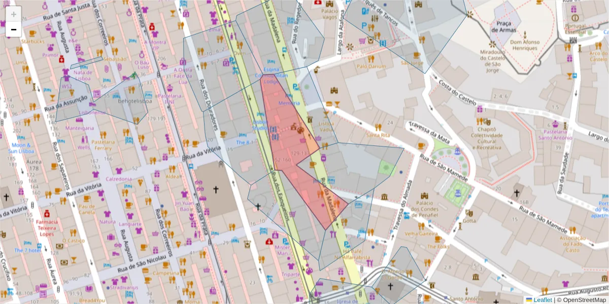 Mapa detalhado do código postal 1100-319 com limites, códigos postais vizinhos e agências dos correios