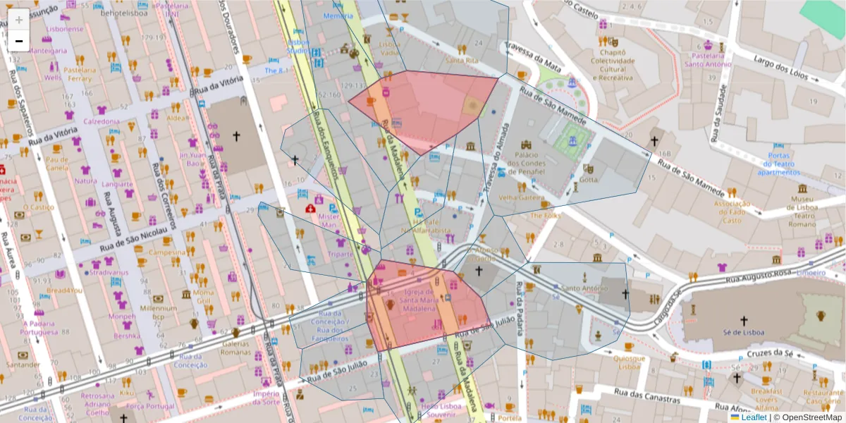 Mapa detalhado do código postal 1100-321 com limites, códigos postais vizinhos e agências dos correios