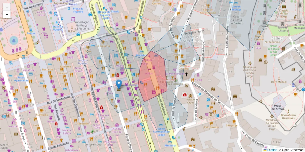 Mapa detalhado do código postal 1100-322 com limites, códigos postais vizinhos e agências dos correios