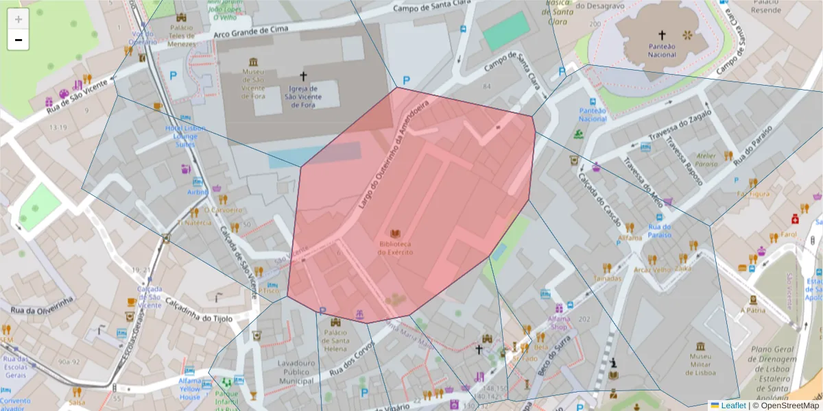Mapa detalhado do código postal 1100-386 com limites, códigos postais vizinhos e agências dos correios