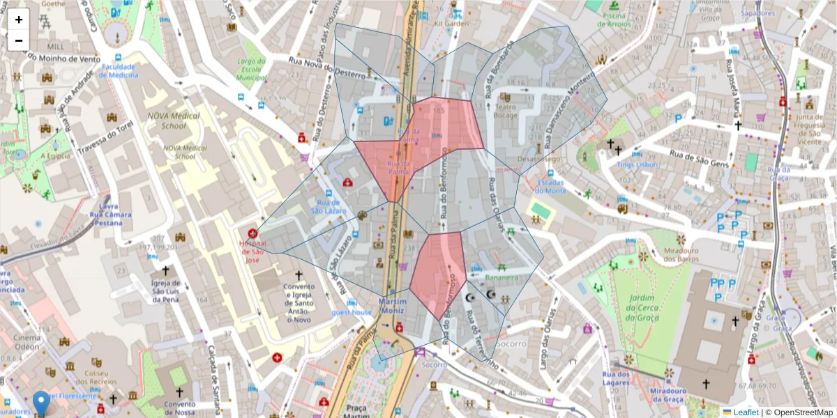 Mapa detalhado do código postal 1100-394 com limites, códigos postais vizinhos e agências dos correios