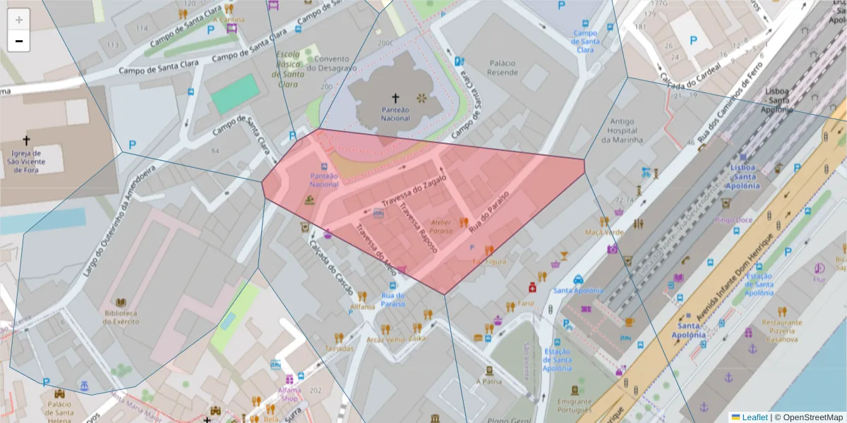Mapa detalhado do código postal 1100-398 com limites, códigos postais vizinhos e agências dos correios
