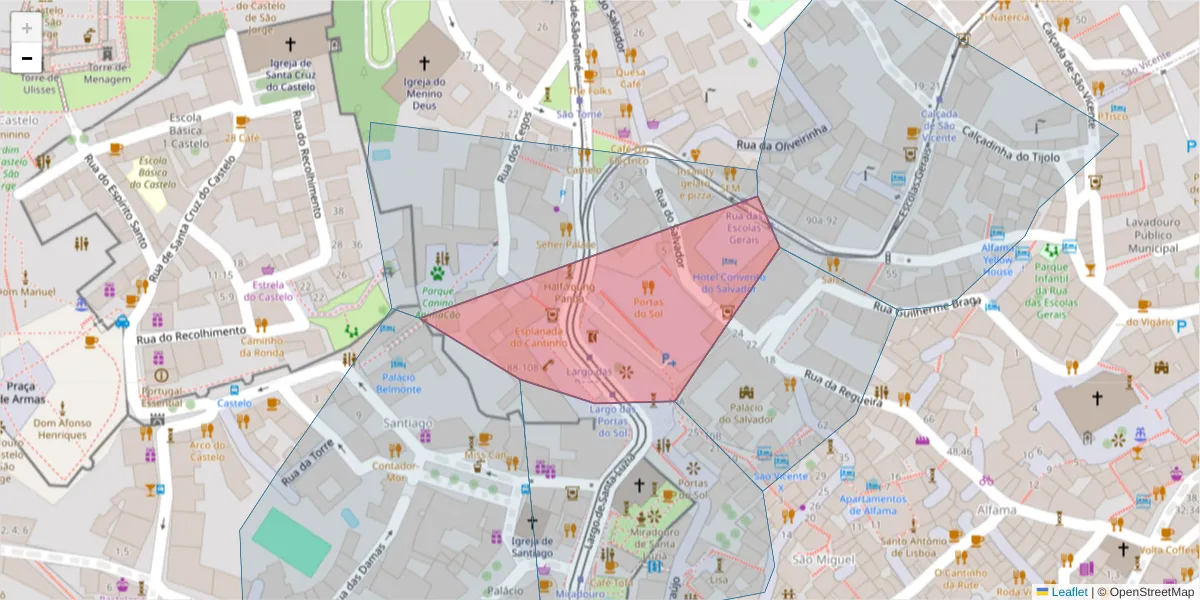 Mapa detalhado do código postal 1100-411 com limites, códigos postais vizinhos e agências dos correios