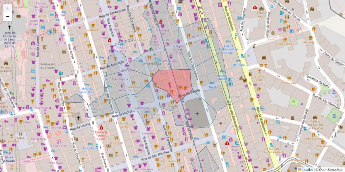 Mapa detalhado do código postal 1100-416 com limites, códigos postais vizinhos e agências dos correios