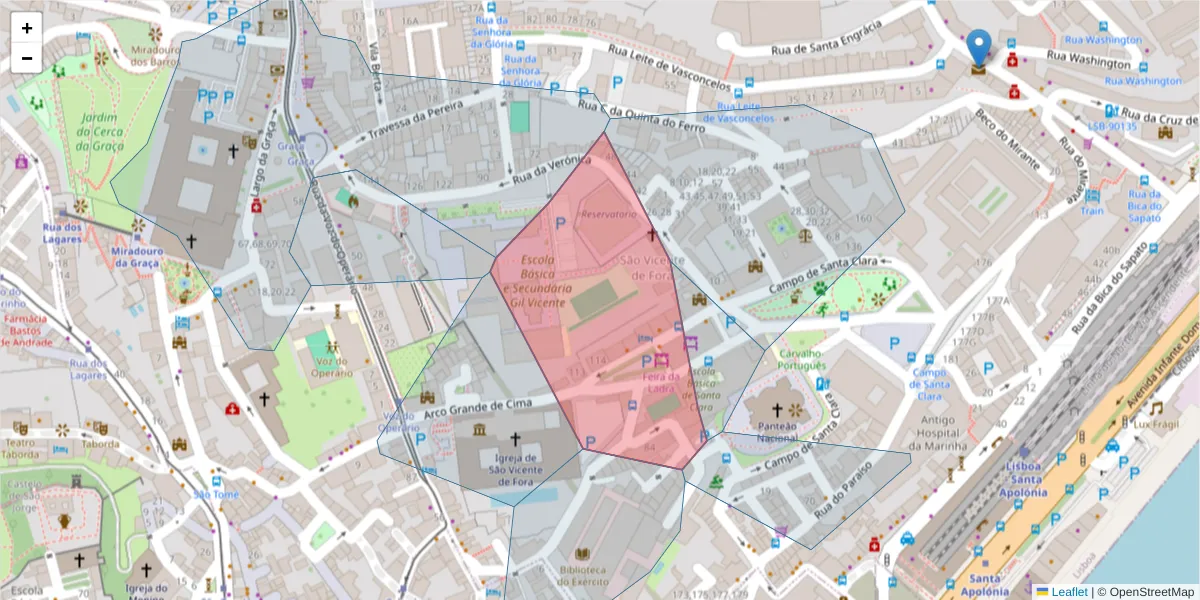Mapa detalhado do código postal 1100-473 com limites, códigos postais vizinhos e agências dos correios
