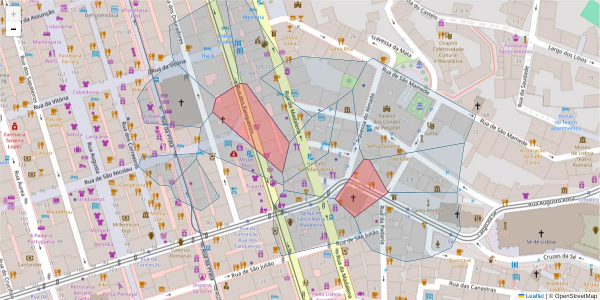 Mapa detalhado do código postal 1100-500 com limites, códigos postais vizinhos e agências dos correios