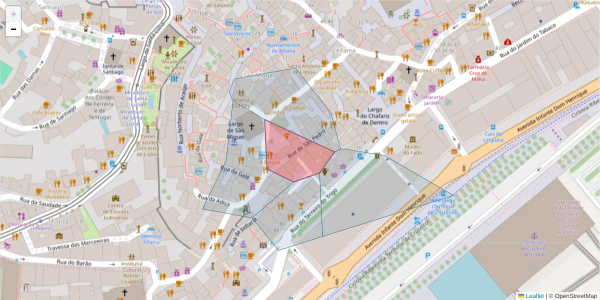 Mapa detalhado do código postal 1100-544 com limites, códigos postais vizinhos e agências dos correios