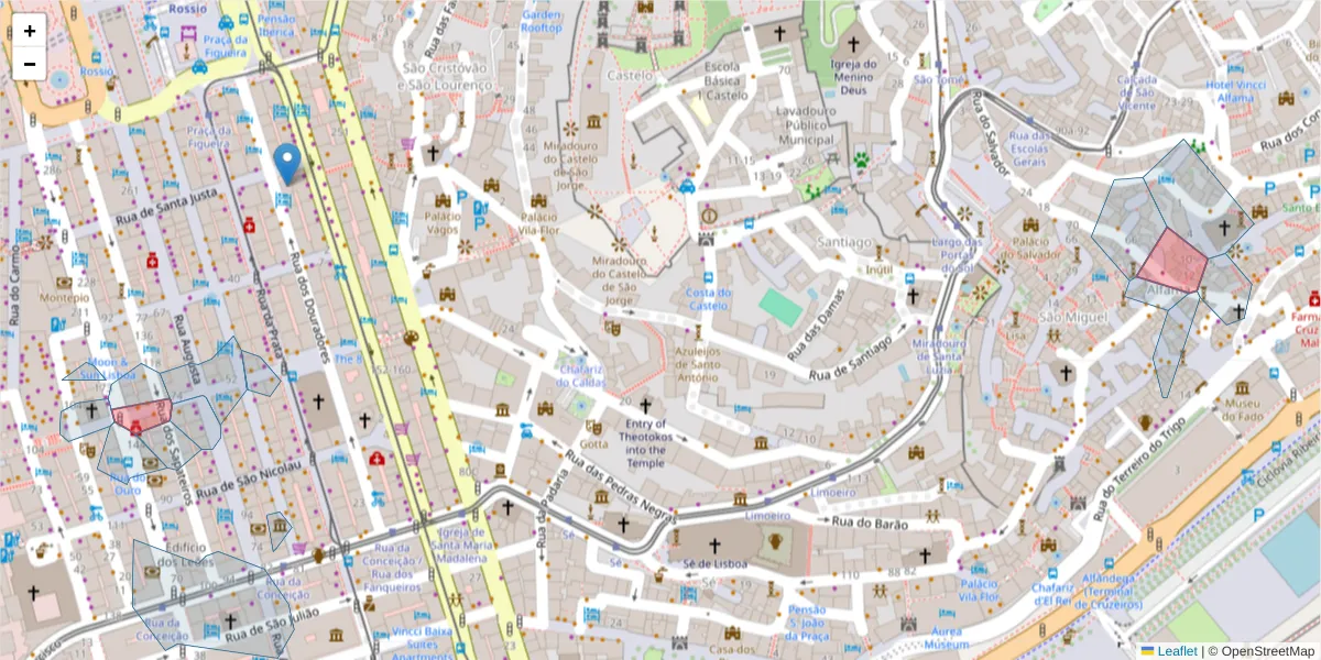Mapa detalhado do código postal 1100-571 com limites, códigos postais vizinhos e agências dos correios