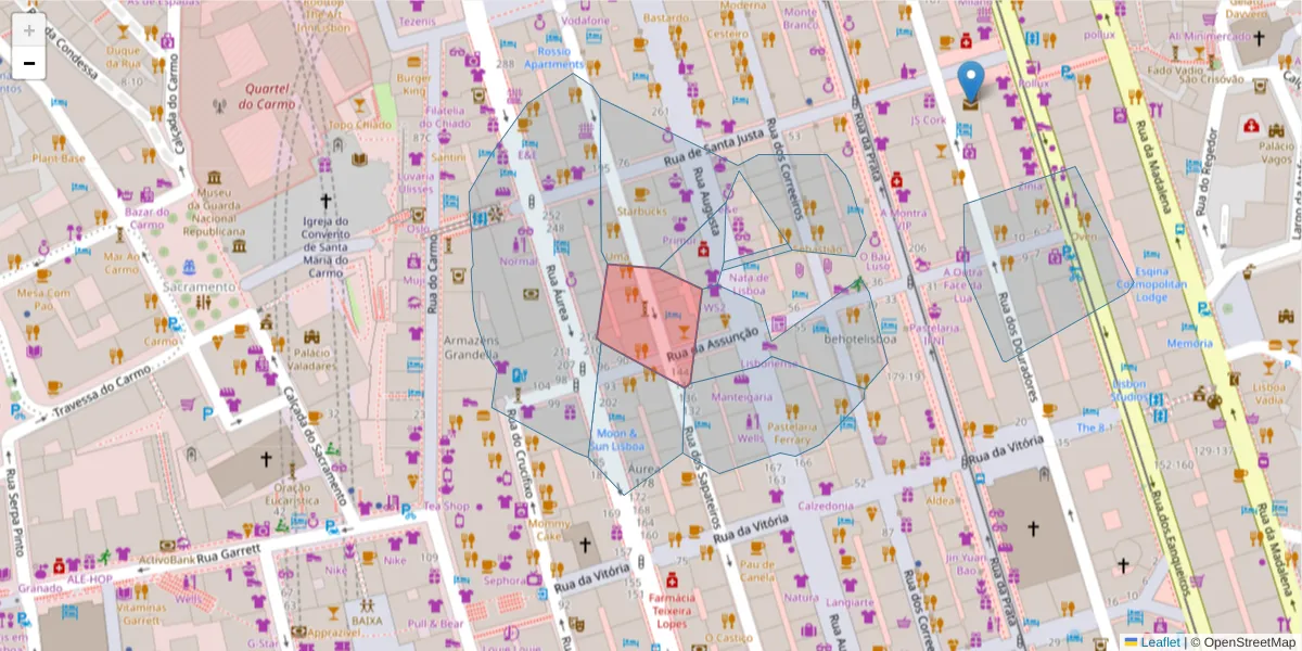 Mapa detalhado do código postal 1100-580 com limites, códigos postais vizinhos e agências dos correios