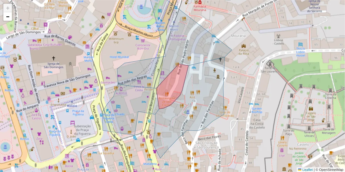 Mapa detalhado do código postal 1100-591 com limites, códigos postais vizinhos e agências dos correios