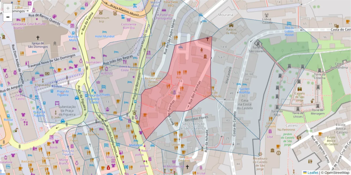 Mapa detalhado do código postal 1100-611 com limites, códigos postais vizinhos e agências dos correios