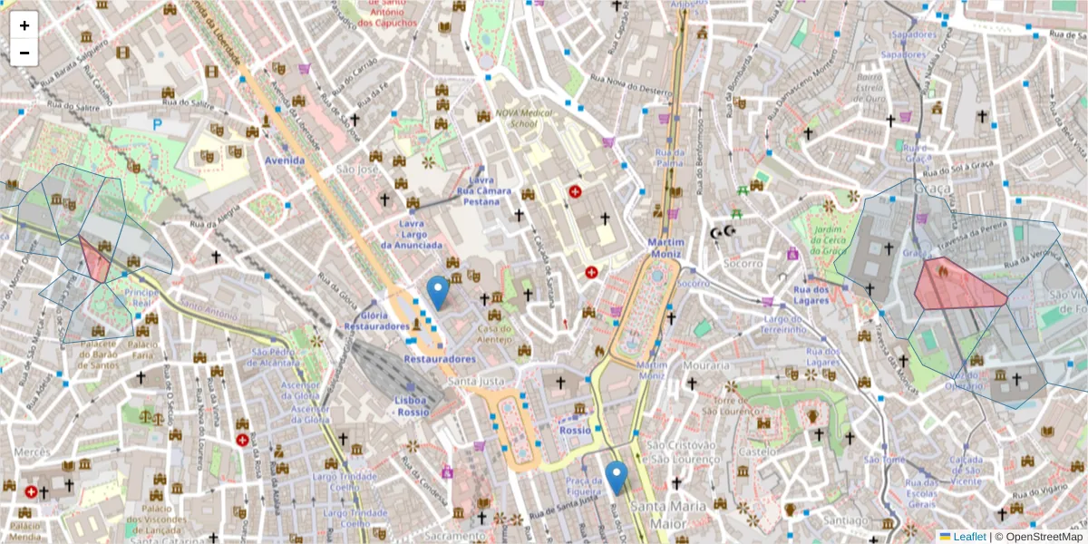 Mapa detalhado do código postal 1100-621 com limites, códigos postais vizinhos e agências dos correios