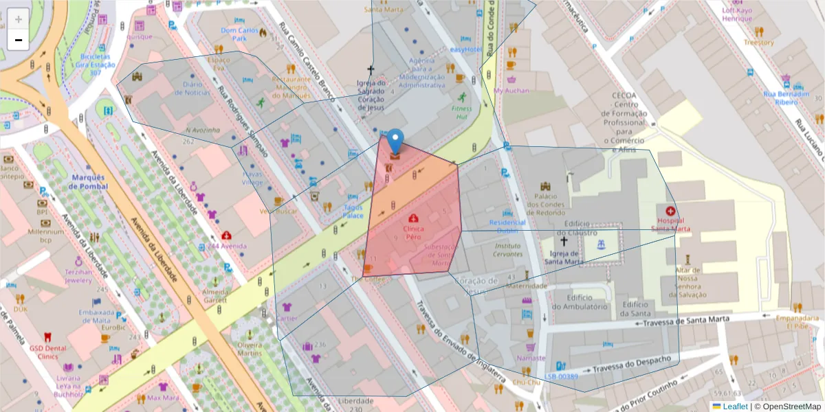 Mapa detalhado do código postal 1150-005 com limites, códigos postais vizinhos e agências dos correios
