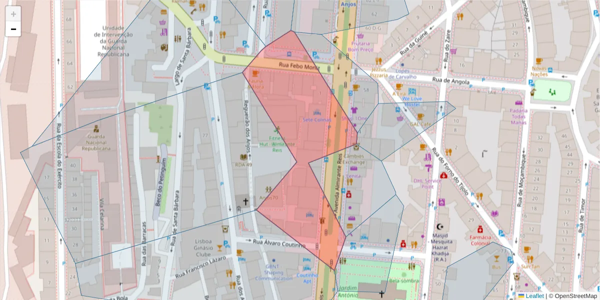 Mapa detalhado do código postal 1150 011 com limites, códigos postais vizinhos e agências dos correios