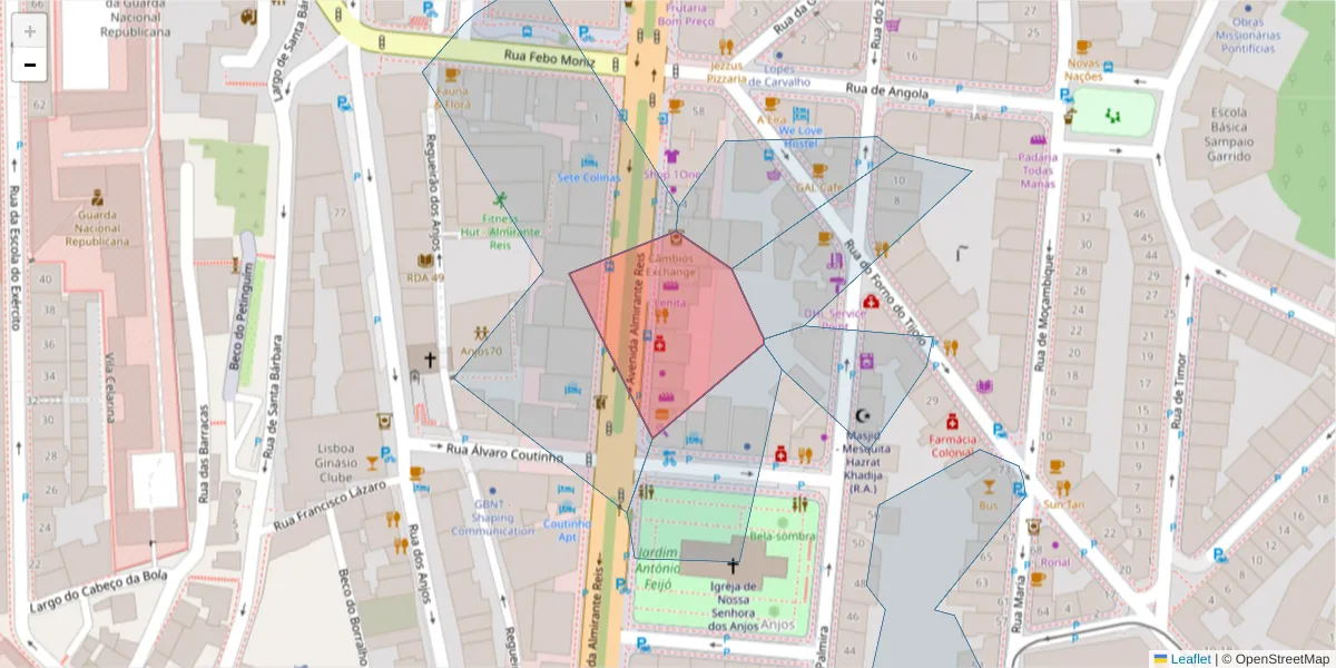 Mapa detalhado do código postal 1150-019 Anjos com limites, códigos postais vizinhos e agências dos correios