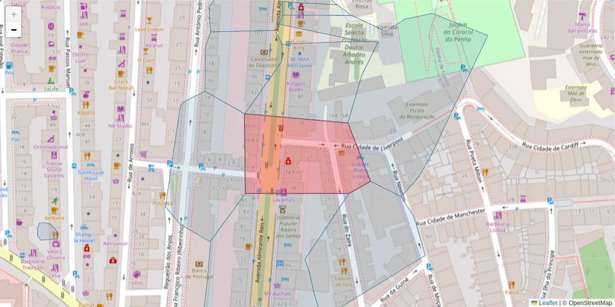 Mapa detalhado do código postal 1150-020 Anjos com limites, códigos postais vizinhos e agências dos correios