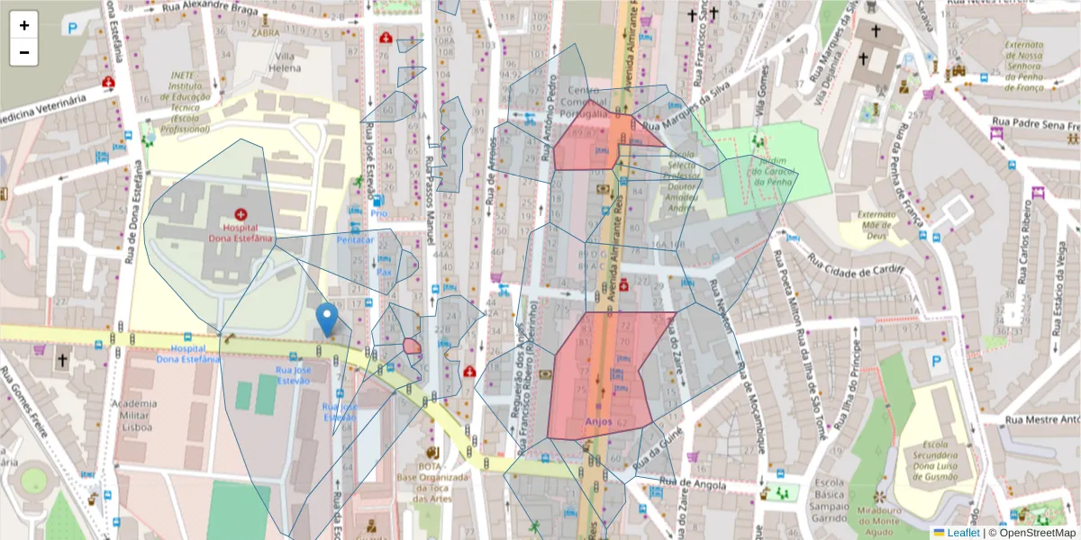 Mapa detalhado do código postal 1150-020 com limites, códigos postais vizinhos e agências dos correios