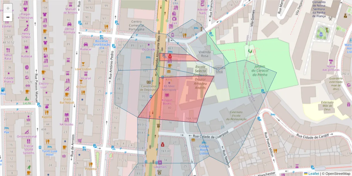 Mapa detalhado do código postal 1150-021 com limites, códigos postais vizinhos e agências dos correios