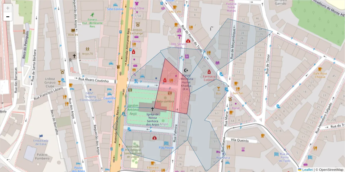 Mapa detalhado do código postal 1150-025 Anjos com limites, códigos postais vizinhos e agências dos correios