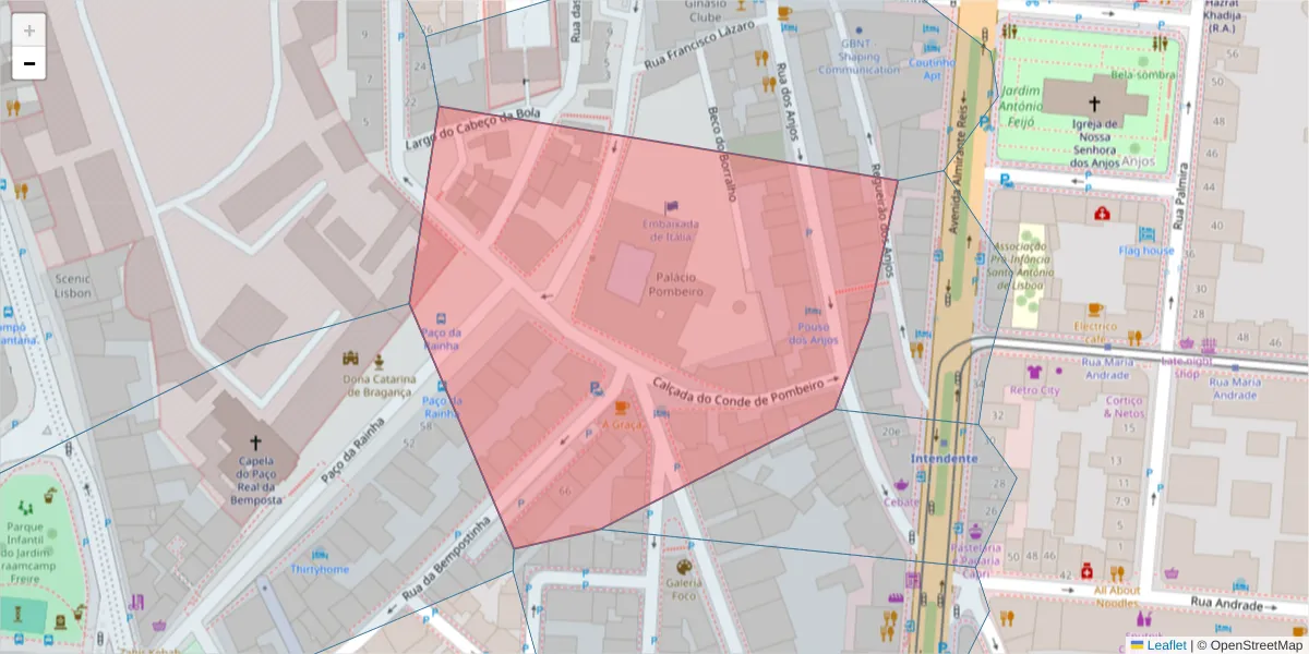 Mapa detalhado do código postal 1150-034 com limites, códigos postais vizinhos e agências dos correios