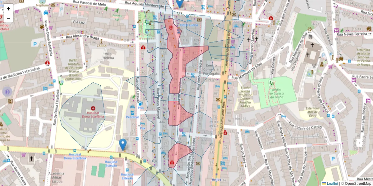 Mapa detalhado do código postal 1150-053 com limites, códigos postais vizinhos e agências dos correios