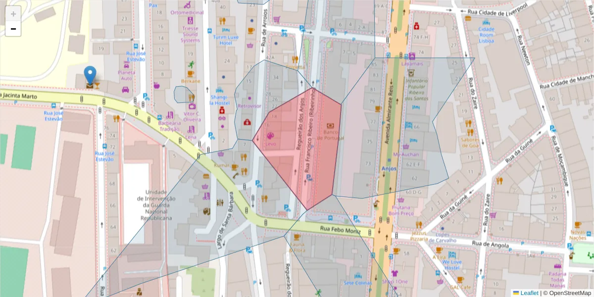 Mapa detalhado do código postal 1150-054 com limites, códigos postais vizinhos e agências dos correios