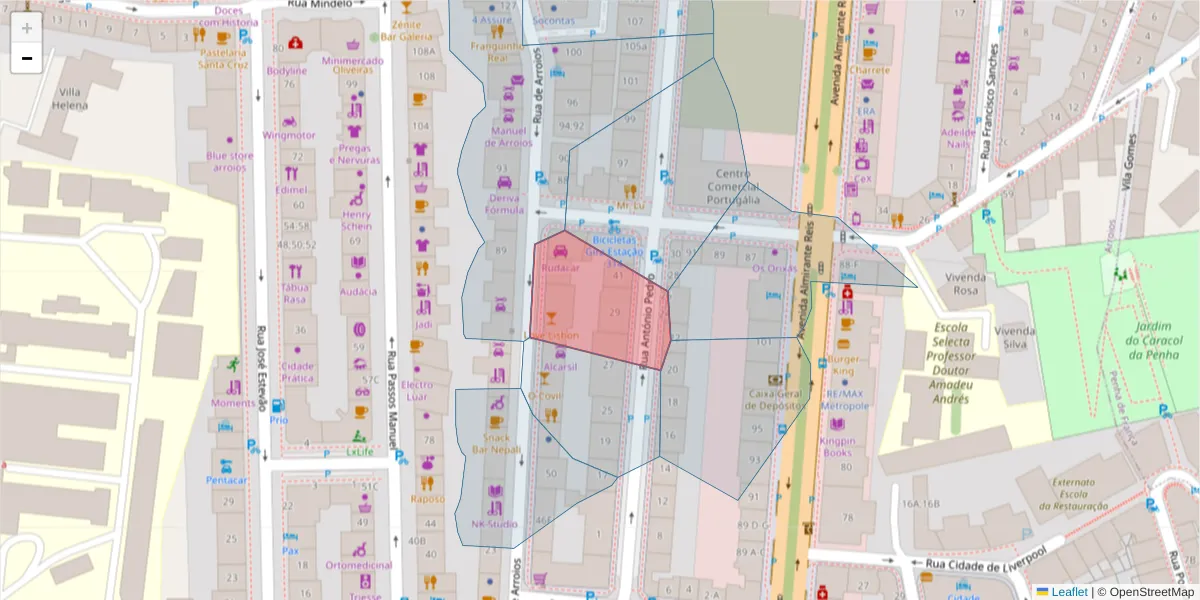 Mapa detalhado do código postal 1150-055 com limites, códigos postais vizinhos e agências dos correios