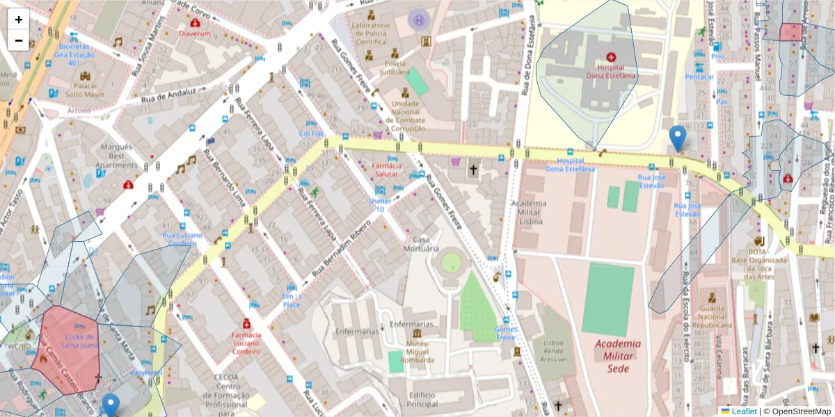 Mapa detalhado do código postal 1150-083 com limites, códigos postais vizinhos e agências dos correios