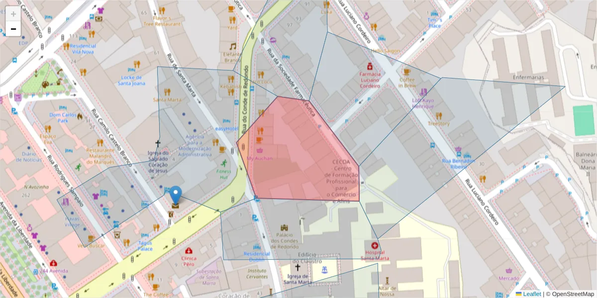 Mapa detalhado do código postal 1150-104 com limites, códigos postais vizinhos e agências dos correios