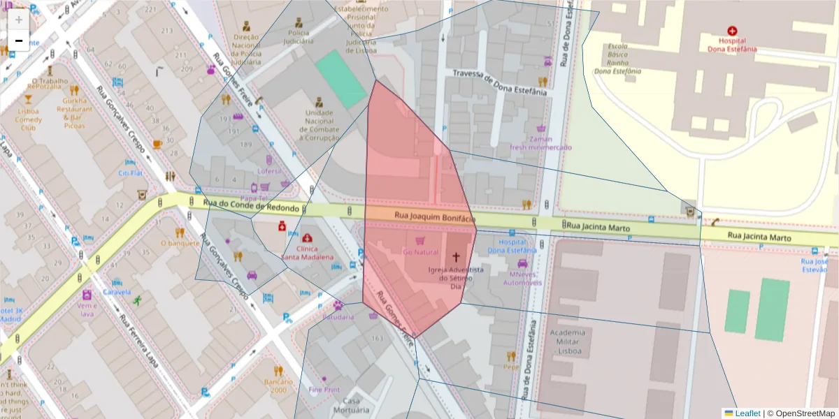 Mapa detalhado do código postal 1150-115 com limites, códigos postais vizinhos e agências dos correios