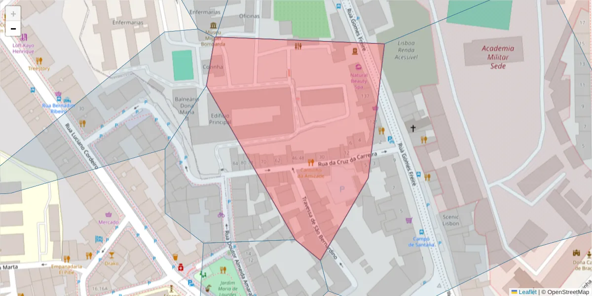 Mapa detalhado do código postal 1150-119 com limites, códigos postais vizinhos e agências dos correios